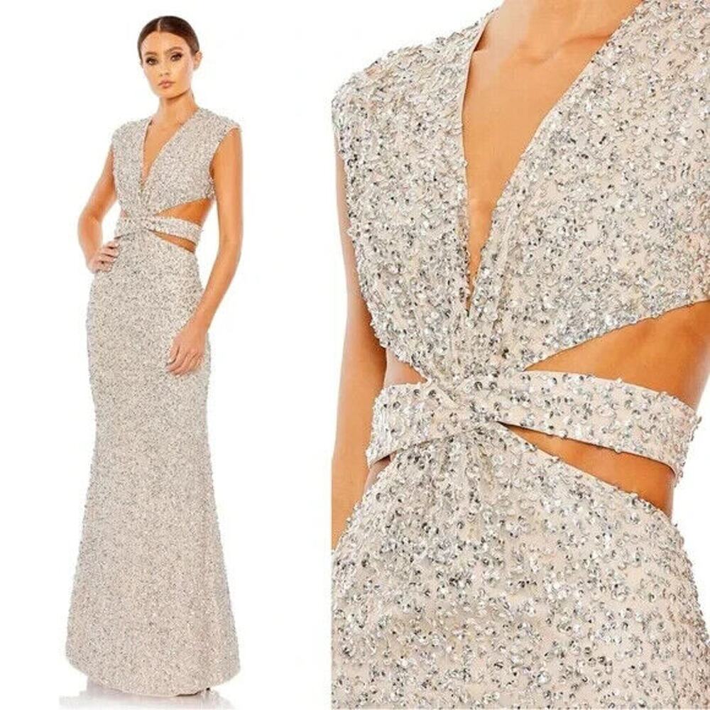 NWT MAC DUGGAL SZ 0 10919 SEQUINED CAP‎ SLEEVE PLUNGE NECK CUT OUT GOWN NUDE